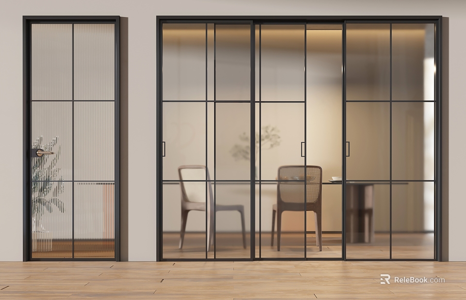 Modern Interior With Glass Sliding Doors Black Frames And Dining Table Chairs 3d model 
