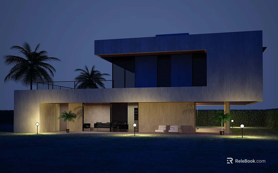 Modern Detached Villa Exterior At Night With Palm Trees Outdoor Furniture And Lighting 3d model 