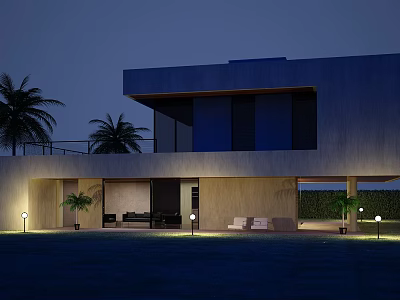 Modern Detached Villa Exterior At Night With Palm Trees Outdoor Furniture And Lighting 3d model