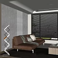 Luxury Modern Living Room With Brown Leather Sofa Blinds And Geometric Decorative Shelf