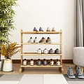 Wooden Multi Tier Shoe Rack Holding Various Shoes In Home Interior With Plant