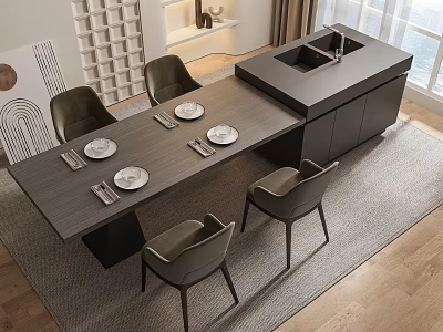 Contemporary Dining Table Set With Four Chairs Island Counter And Tableware 3d model