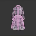 Green And White Plaid Long Sleeve Shirt Collar Dress With Belt And Lace Trim