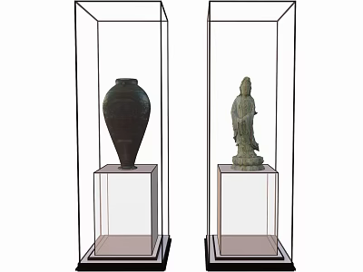 Glass Display Cases With Ancient Pottery Jar And Stone Statue 3d model