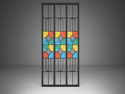 Decorative Partition With Black Metal Frame And Colorful Geometric Glass Panels 3d model