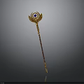 Golden Sculpture Carving Scepter With Blue Gem Wing Design And Red Gold Stripes