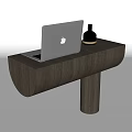 Modern Gray Wood Grain Desk With Unique Design Laptop And Black Bottle