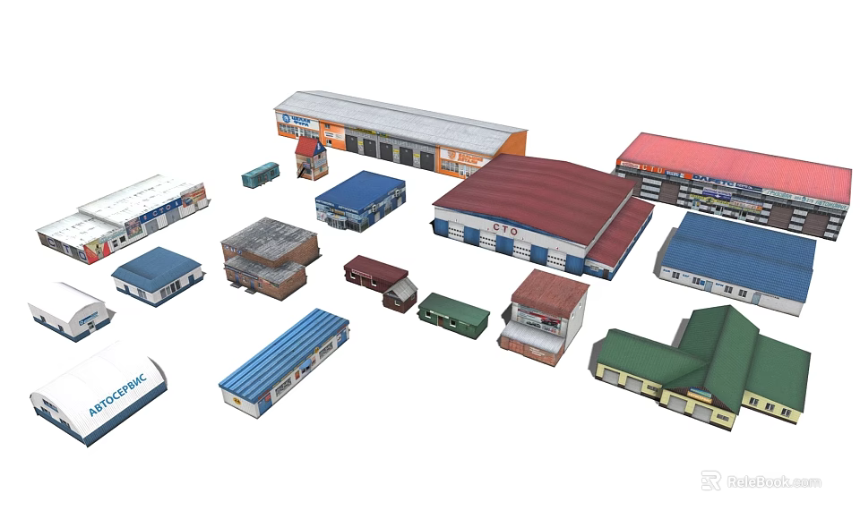 Various Designed Industrial Warehouse Buildings With Colorful Roofs And Structures 3d model 