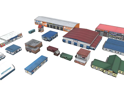 Various Designed Industrial Warehouse Buildings With Colorful Roofs And Structures 3d model