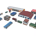 Various Designed Industrial Warehouse Buildings With Colorful Roofs And Structures