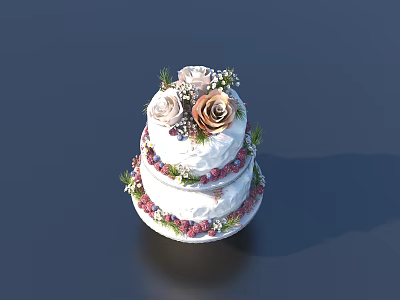 Two Tiered White Cake Decorated With Flowers And Red Accents On Bottom Layer 3d model