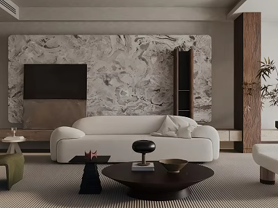 Modern Living Room Interior Design With Marble Wall White Sofa Coffee Table And Wooden Accents 3d model