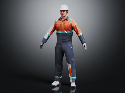 High Visibility Work Coveralls with Orange Dark Blue Reflective Stripes and White Safety Helmet 3d model