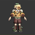 3D Cartoon Character Design With Sunflower Elements Yellow Hair Green Bow And Red Shorts