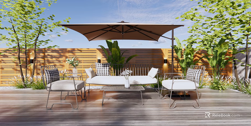 Comfortable Outdoor Sofa Set With Patio Umbrella Metal Chairs Wooden Deck And Green Plants 3d model 