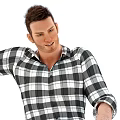 Man Sitting In Black White Plaid Shirt And Blue Jeans With Extended Hand