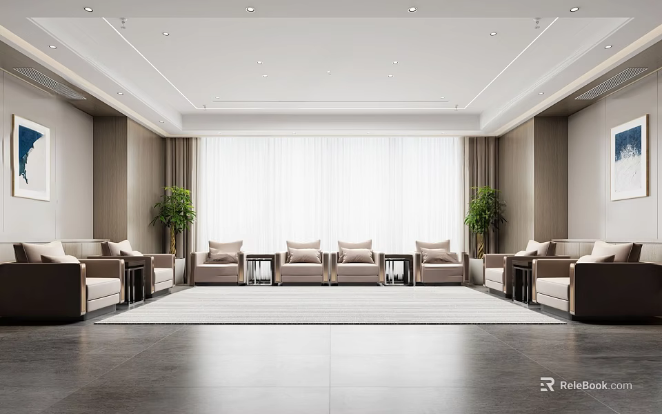 Spacious Modern Hotel Public Lounge Area With Comfortable Sofas And Floor to Ceiling Windows 3d model