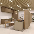 Bright Public Office Space With Wooden Ceiling Linear Lights Large Windows And Green Plants