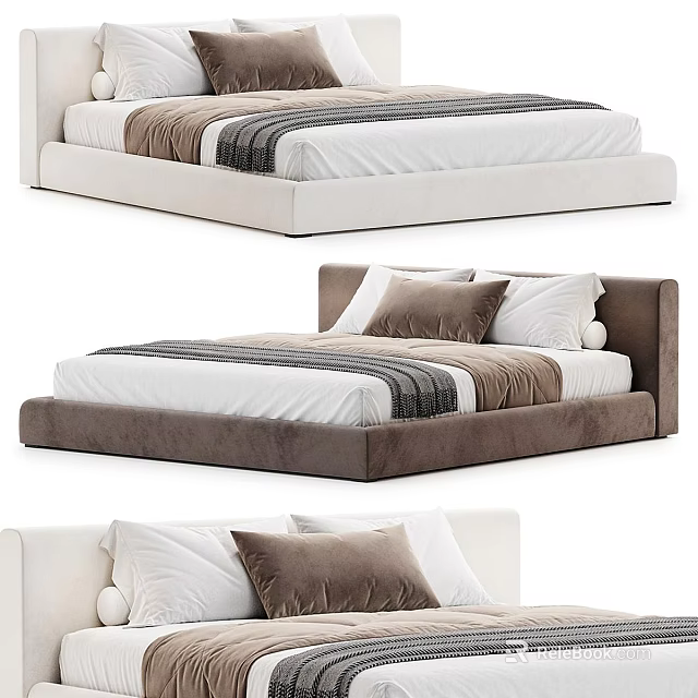 Modern Double Bed With Upholstered Headboard Light Dark Frames And Comfortable Pillows 3d model 