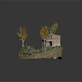 Wooden House With Small Patio Autumn Trees Green Grass And Stones In Natural Setting