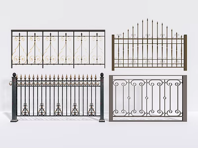 Various Wrought Iron Railings With Decorative Spiked Tops Ornate Patterns And Curved Designs 3d model