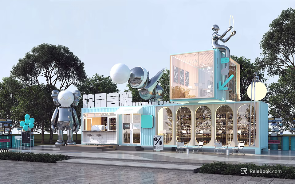 Modern Blue Container Building With Glass Facade And Outdoor Sculptures For Commercial Space Design 3d model 