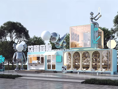 Modern Blue Container Building With Glass Facade And Outdoor Sculptures For Commercial Space Design 3d model