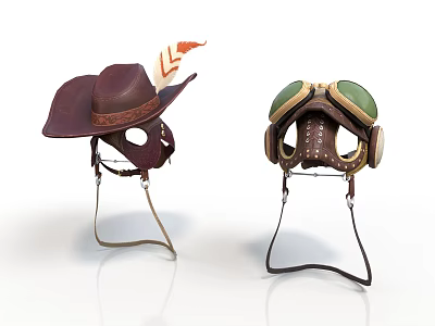 Brown Wide Brim Hat With Feather And Leather Helmet With Green Goggles For Daily Use 3d model