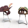 Brown Wide Brim Hat With Feather And Leather Helmet With Green Goggles For Daily Use
