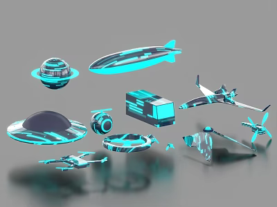 Futuristic Neon Blue Tech Devices And Flying Vehicles 3D Models With Glowing Effects 3d model