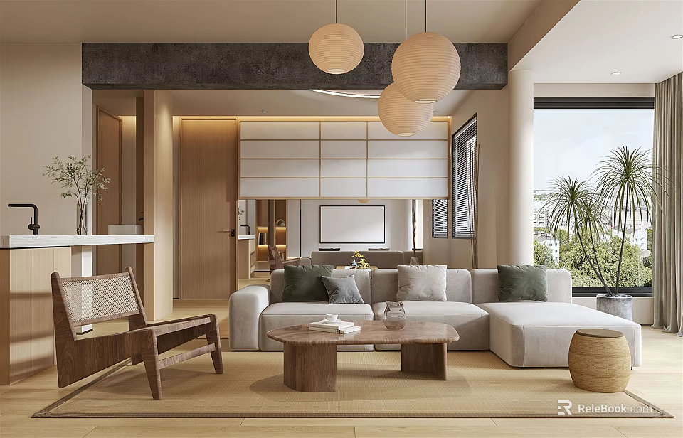 Modern Living Room Interior Design With L Shaped Sofa Wooden Coffee Table And Rattan Armchair 3d model 