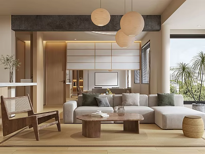 Modern Living Room Interior Design With L Shaped Sofa Wooden Coffee Table And Rattan Armchair 3d model
