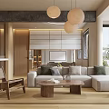 Modern Living Room Interior Design With L Shaped Sofa Wooden Coffee Table And Rattan Armchair