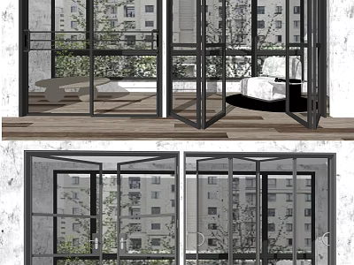 Modern Sliding Glass Doors With Metal Frames In Interior Viewing Building Exteriors 3d model