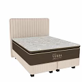 Modern Double Bed With Beige Upholstered Vertical Stripe Headboard And Gray Textured Mattress