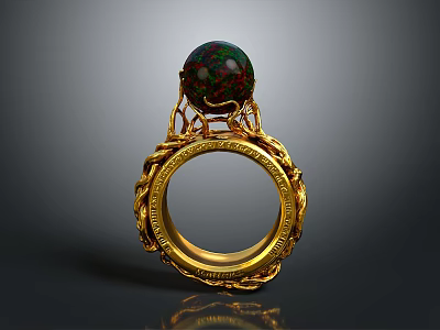 Elegant Gold Ring With Intricate Design And Green Red Gemstone Centerpiece Decoration 3d model