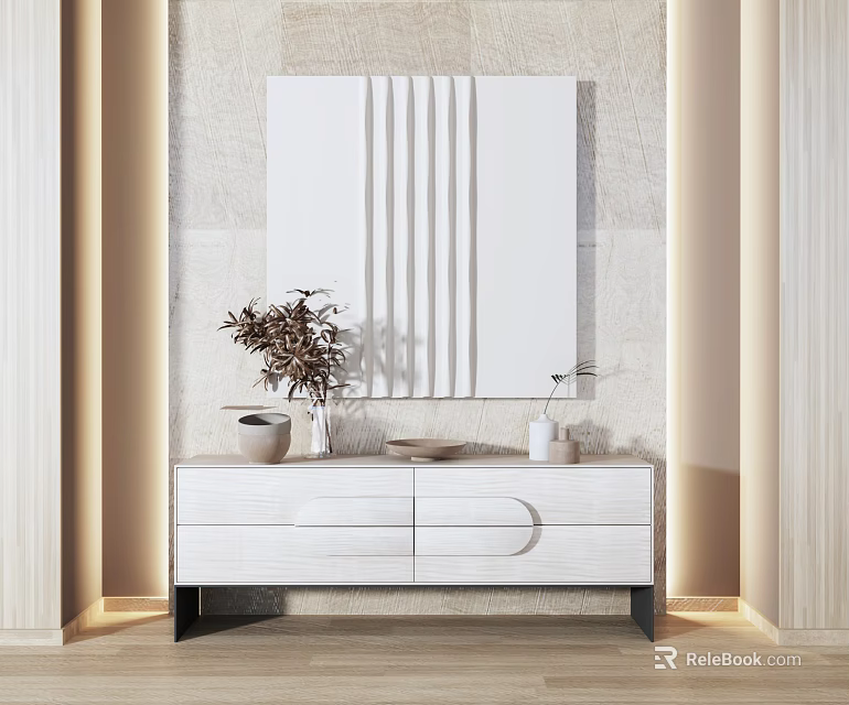 Modern Wooden TV Stand With Storage Drawers Wall Mirror Above And Decorative Vase Plant 3d model 