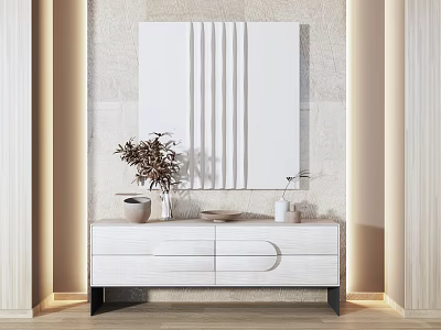 Modern Wooden TV Stand With Storage Drawers Wall Mirror Above And Decorative Vase Plant 3d model