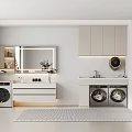 Modern Laundry Interior With Sink Vanity Mirror Cabinets And Washing Machines