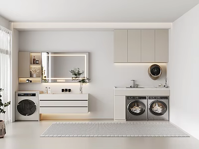Modern Laundry Interior With Sink Vanity Mirror Cabinets And Washing Machines 3d model