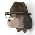 Stuffed Dog Doll With Brown Hat Glasses And Plaid Bow Tie Design