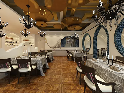 Elegant Classic Style Restaurant Interior With Dining Tables Chairs Chandeliers And Decorative Ceiling 3d model