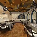 Elegant Classic Style Restaurant Interior With Dining Tables Chairs Chandeliers And Decorative Ceiling