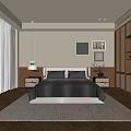 Modern Bedroom Interior With Wooden Flooring White Carpet Bedside Tables Wall Art And Wardrobe