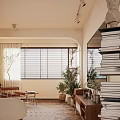 Modern Living Dining Room Interior With Wooden Furniture White Armchair Stacked Books And Pendant Lights