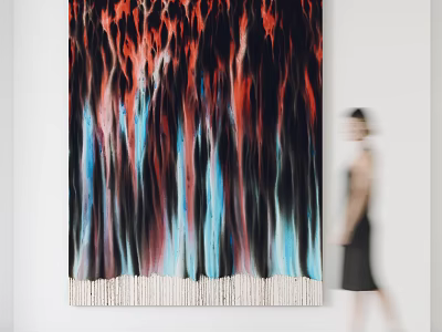 Abstract Painting With Vertical Red Blue Black Lines And Textured Base In Art Gallery 3d model