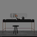 Modern Minimalist Dressing Table With Black Countertop Gold Legs Copper Lamp And Oval Mirror