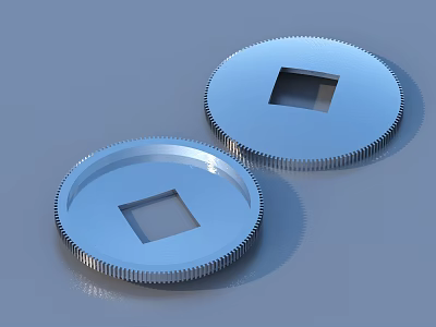 Two Round Blue Metal Components With Square Holes And Serrated Edges 3d model