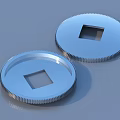 Two Round Blue Metal Components With Square Holes And Serrated Edges