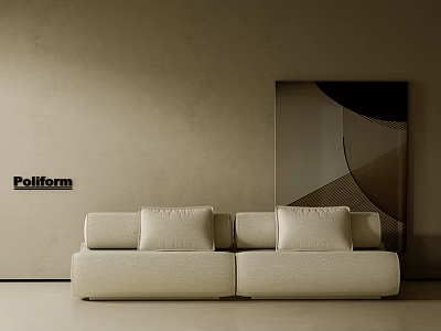 Poliform Beige Two Seater Sofa With Cushions Against Modern Mirror And Beige Wall 3d model